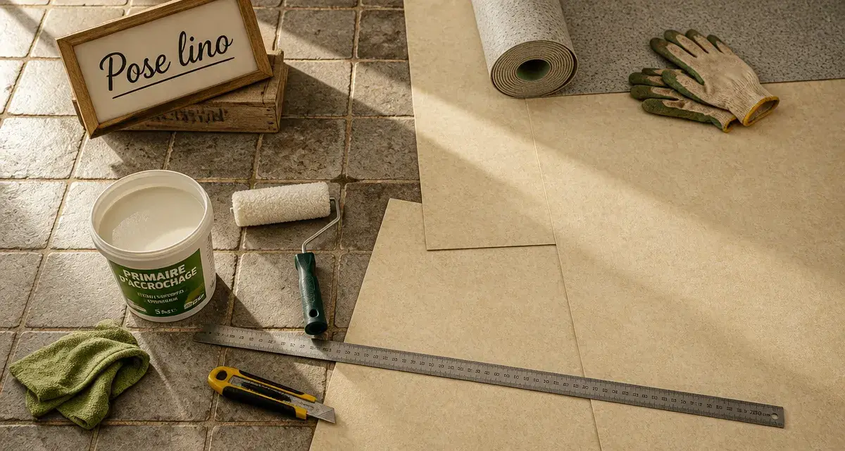 Poser du lino sur carrelage : dalles lino beige sur vieux carrelage, matériel de pose.