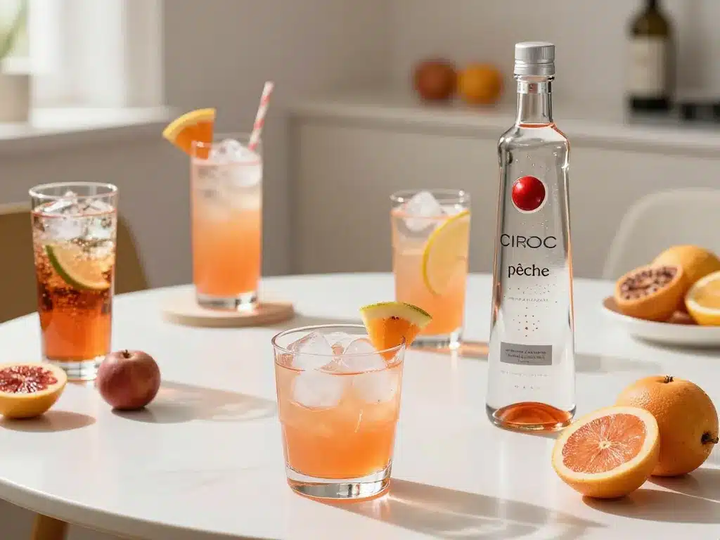 scene produit ciroc peche verre glacé fruits