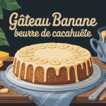 illustration gateau banane beurre de cacahuete sur table rustique