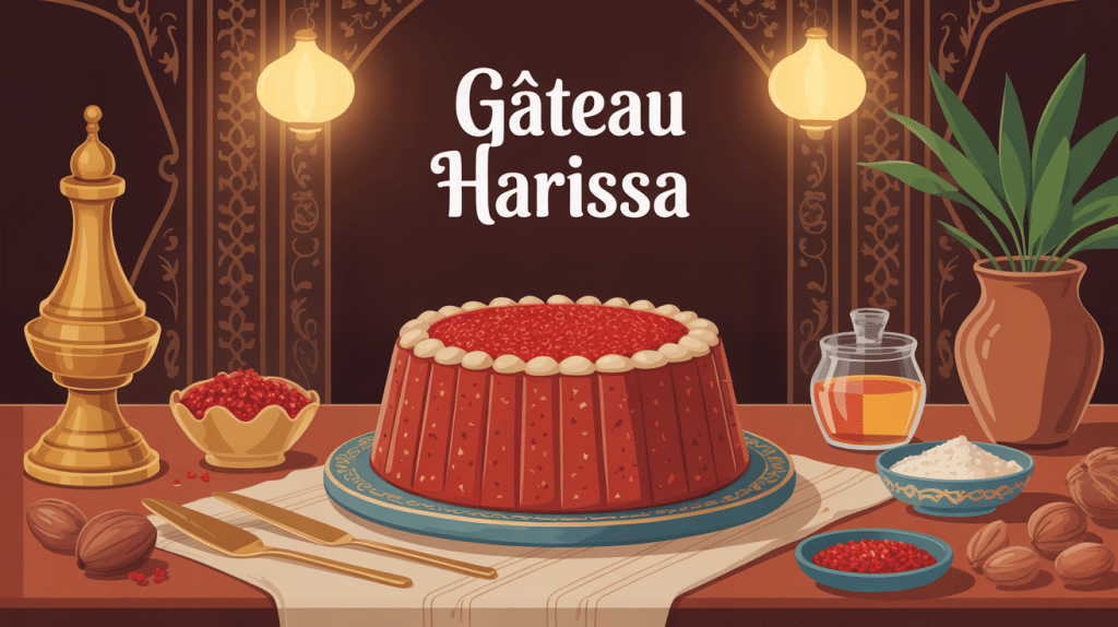 gateau harissa traditionnel sur table orientale avec semoule et amandes
