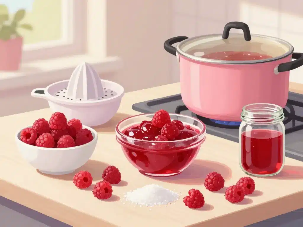 préparation de gelée de framboises avec sucre cristallisé sur table, fruits, sucre, pot et bocaux