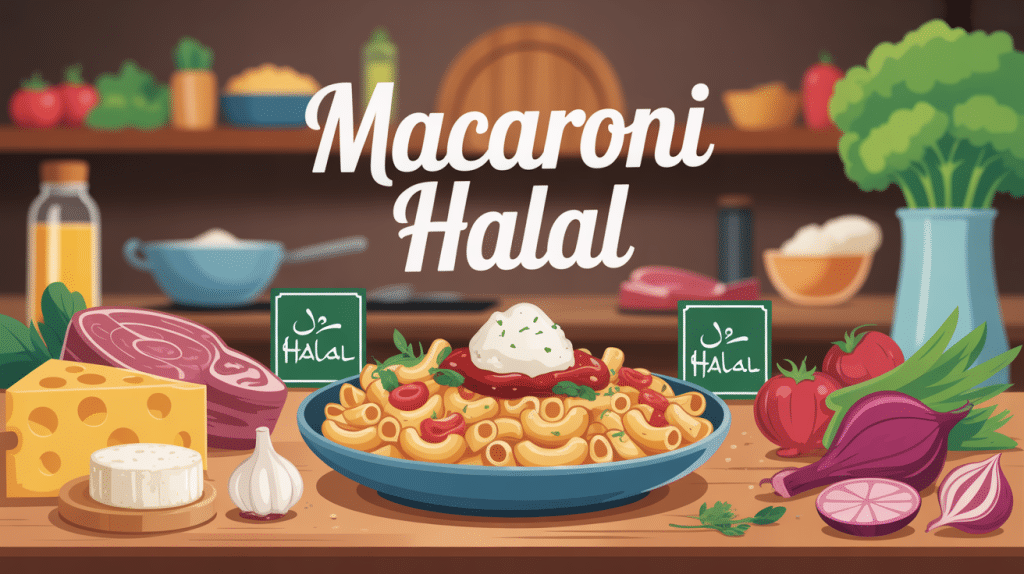 plat de macaroni halal entouré d’ingrédients certifiés