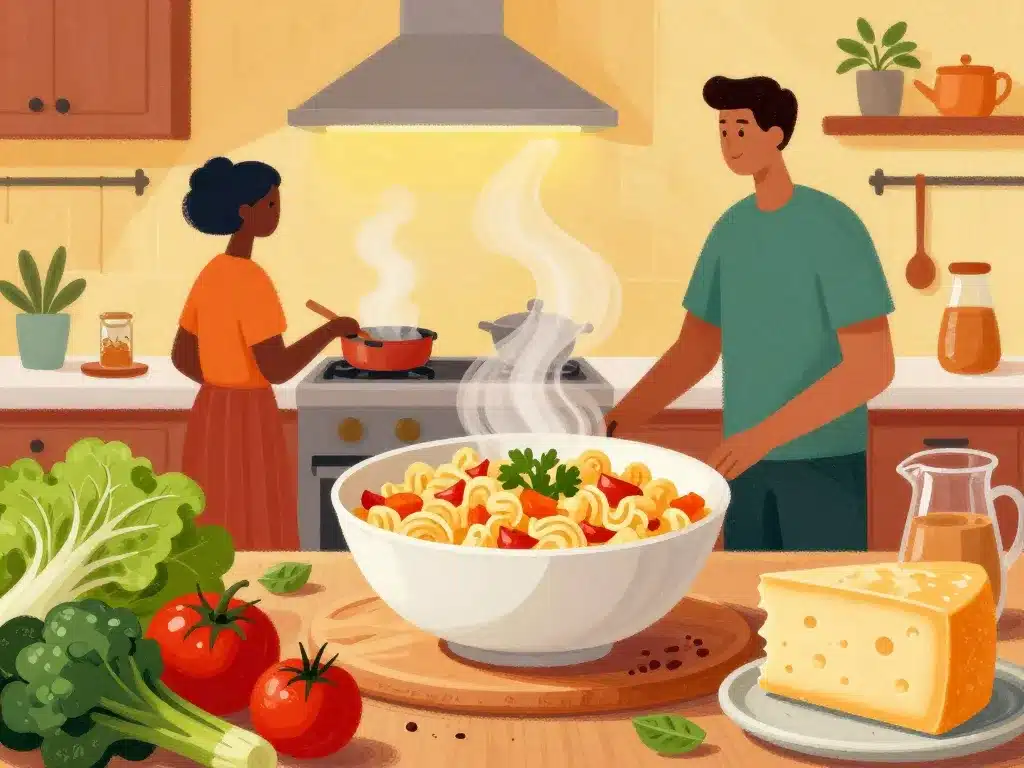 préparation de macaroni halal en cuisine familiale