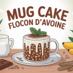 mug cake flocon d'avoine sur table avec ingrédients sains