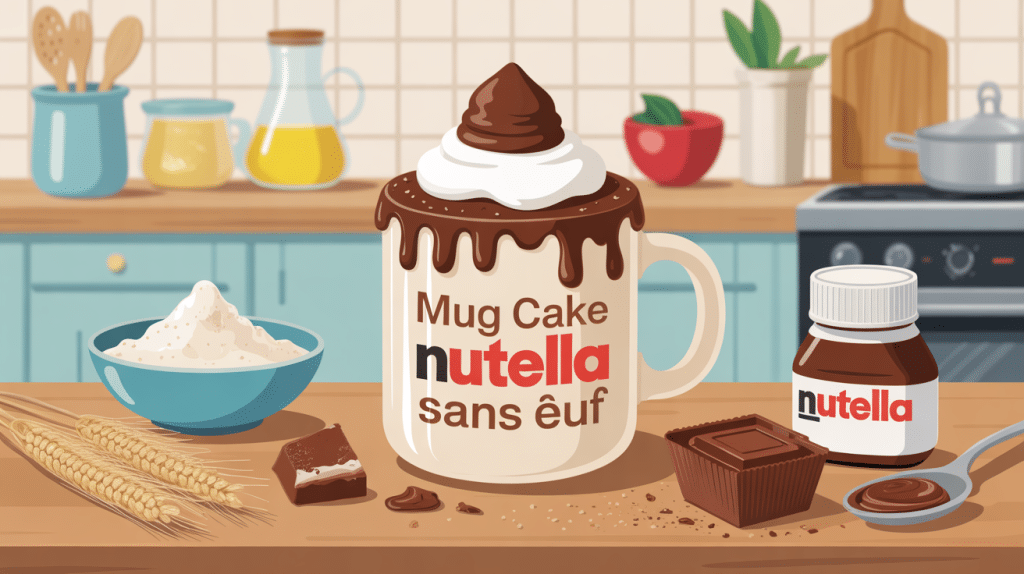 illustration mug cake nutella sans oeuf sur table ingrédients