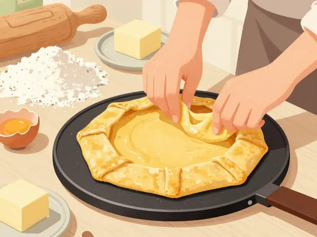 préparation de galette bretonne sucrée fine dorée sur poêle