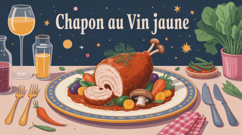 quel légumes avec chapon au vin jaune plat sur assiette