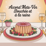Illustration stylisée quel vin avec bouchée à la reine sur table raffinée