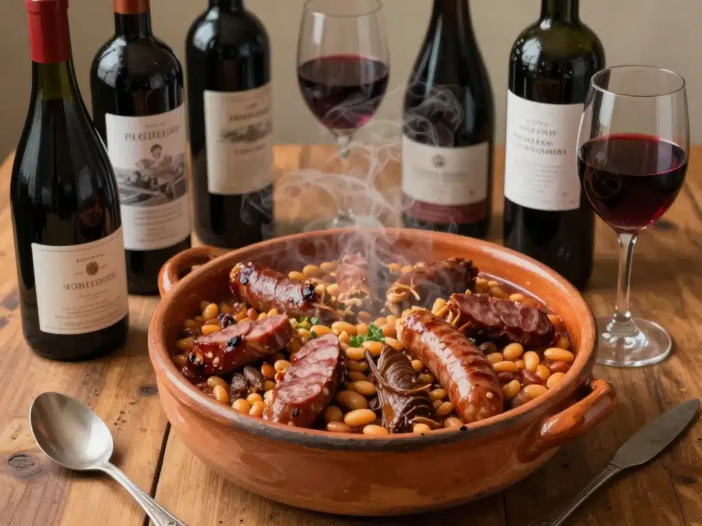 cassoulet traditionnel avec bouteilles de vin rouge adapté