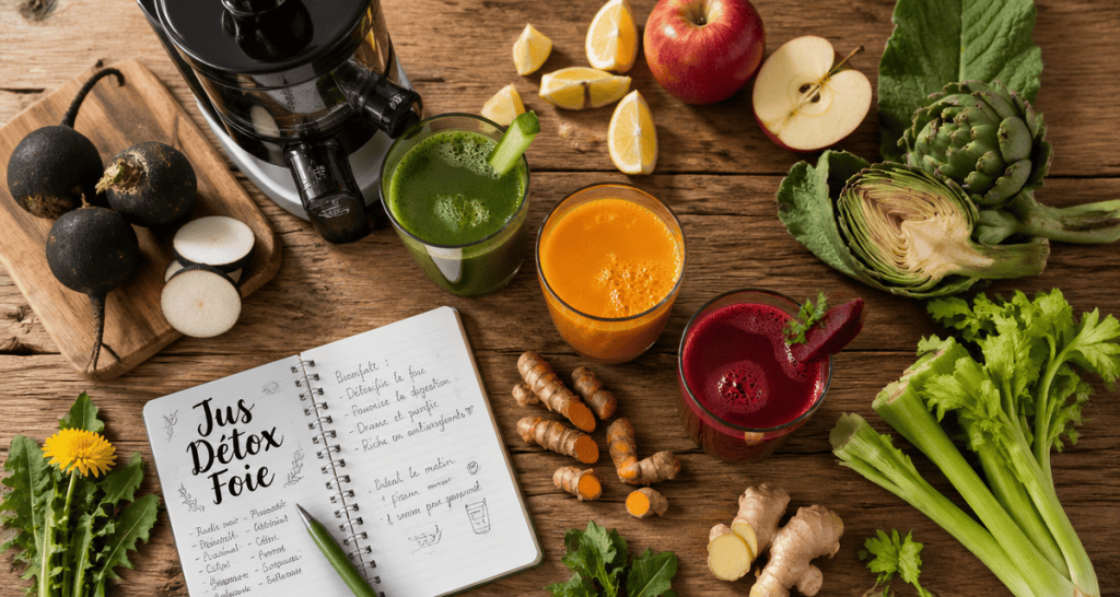 jus detox pour le foie avec ingrédients frais sur table