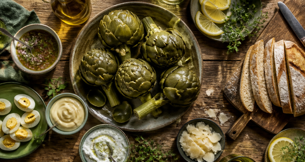 Accompagnement artichaut avec sauces et garnitures variées