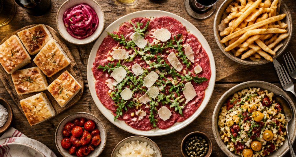 Accompagnement carpaccio de boeuf avec légumes et frites maison