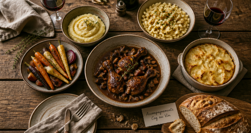 accompagnement coq au vin sur table rustique avec garnitures