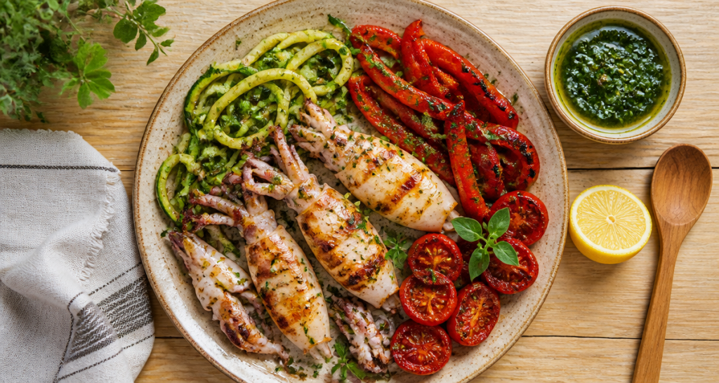 accompagnement encornets avec légumes grillés et sauce persillade