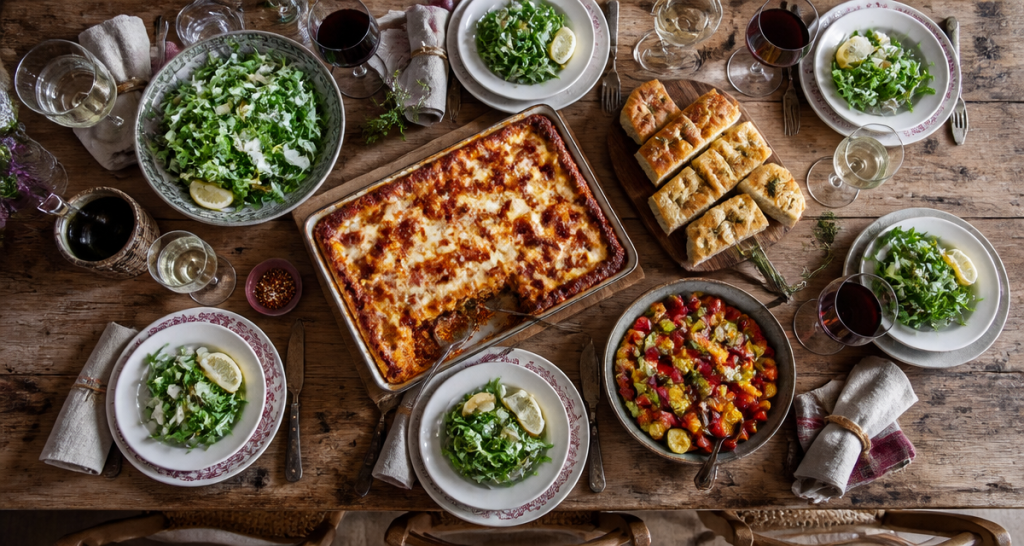 accompagnement pour lasagne sur table rustique