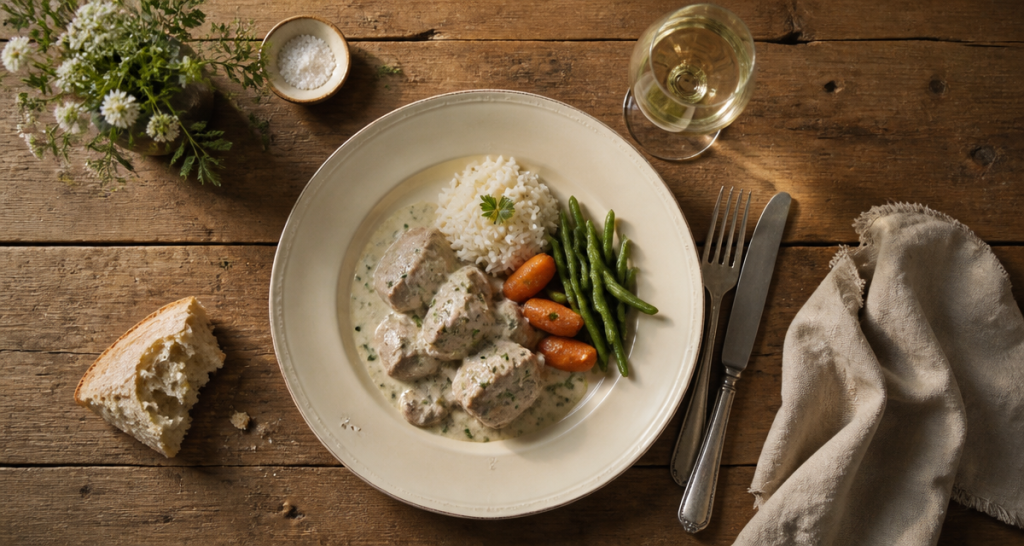 blanquette de veau accompagnement sur table rustique