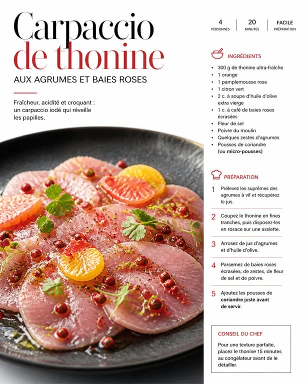 Carpaccio de thonine crue aux agrumes et baies roses, une recette raffinée et fraîche.