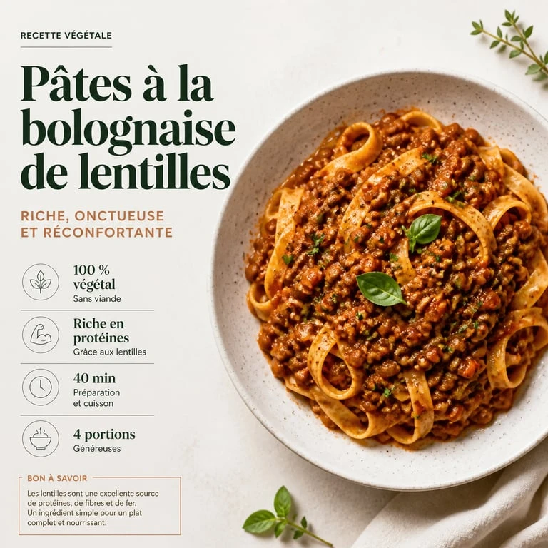 Recette de sauce bolognaise aux lentilles végétarienne sur des pâtes