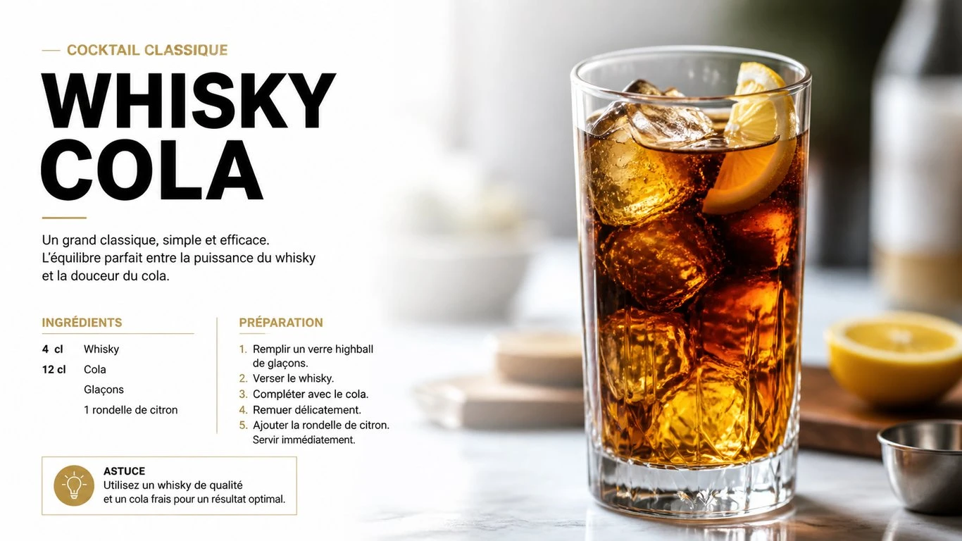 Verre de whisky coca préparé avec des glaçons et une rondelle de citron