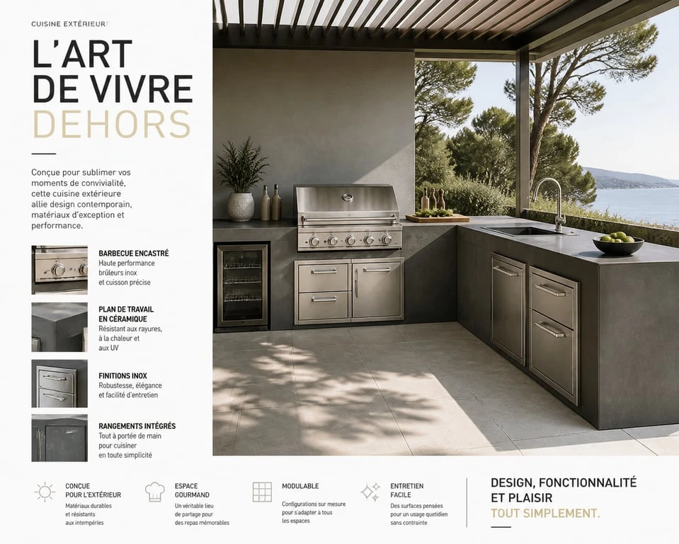 Cuisine extérieure moderne avec barbecue encastré et plan de travail en céramique