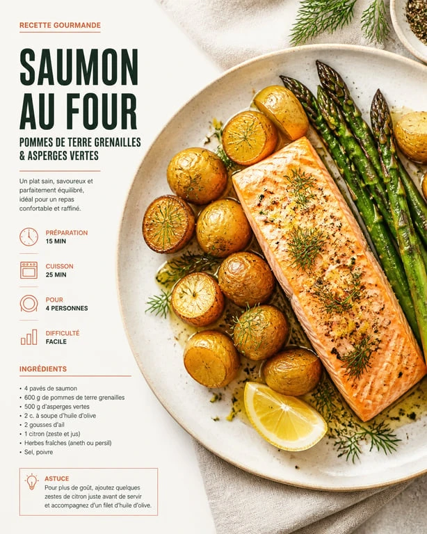 Saumon au four et ses accompagnements de légumes rôtis