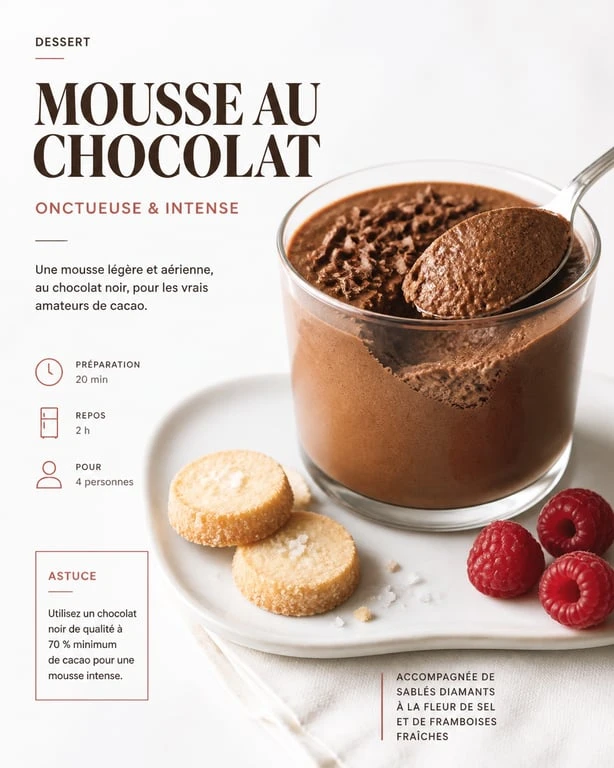Mousse au chocolat accompagnée de sablés diamants et framboises