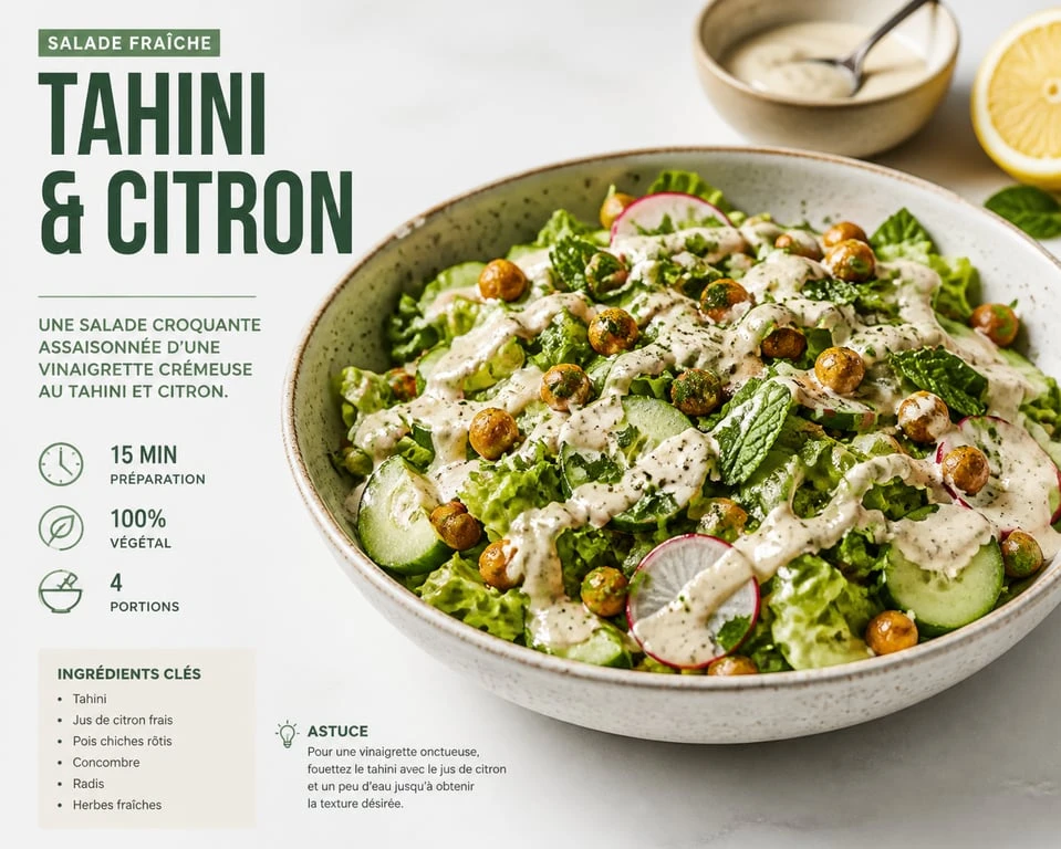 Vinaigrette sans vinaigre crémeuse au tahini et citron sur une salade fraîche