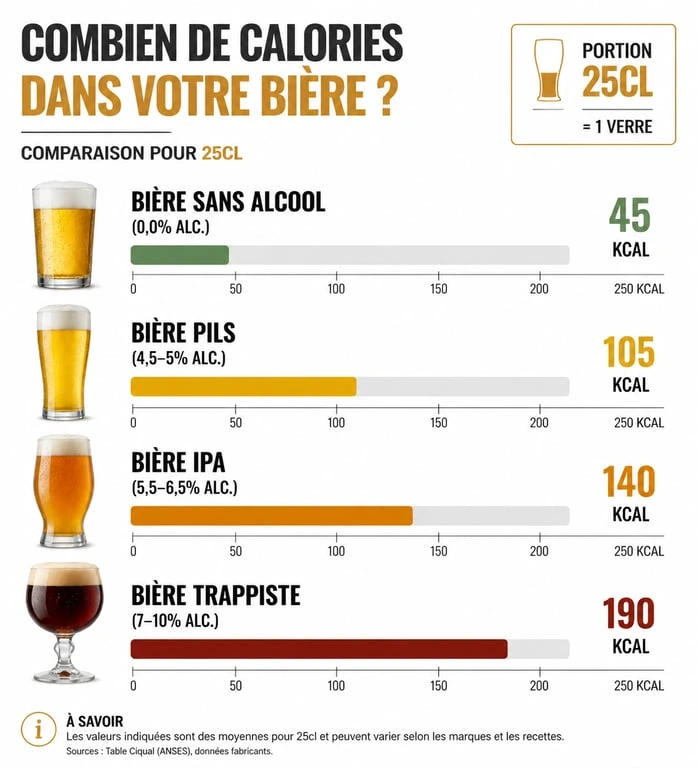 Infographie comparative des calories dans les différents types de bière pour surveiller son apport calorique