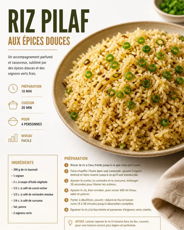 Riz pilaf aux épices douces et oignons verts en accompagnement