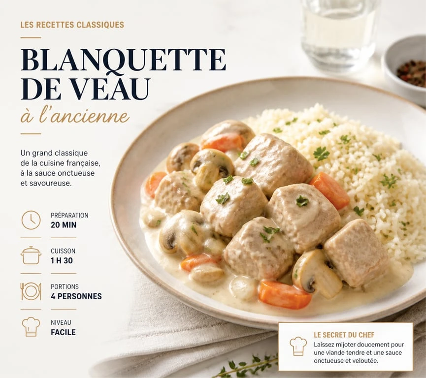 Blanquette de veau traditionnelle et son accompagnement de riz pilaf
