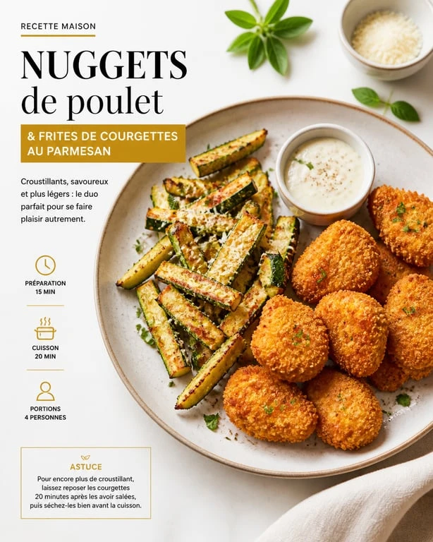 Nuggets de poulet maison et frites de courgettes au parmesan dans une assiette