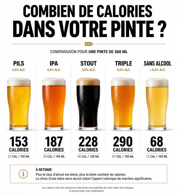 Infographie comparative des calories par style de bière pour une pinte