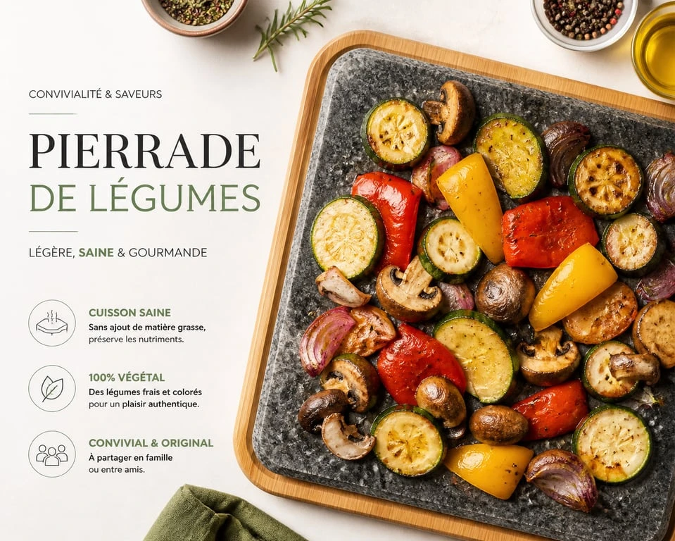 Recette de pierrade de légumes frais et colorés cuits sur pierre chaude