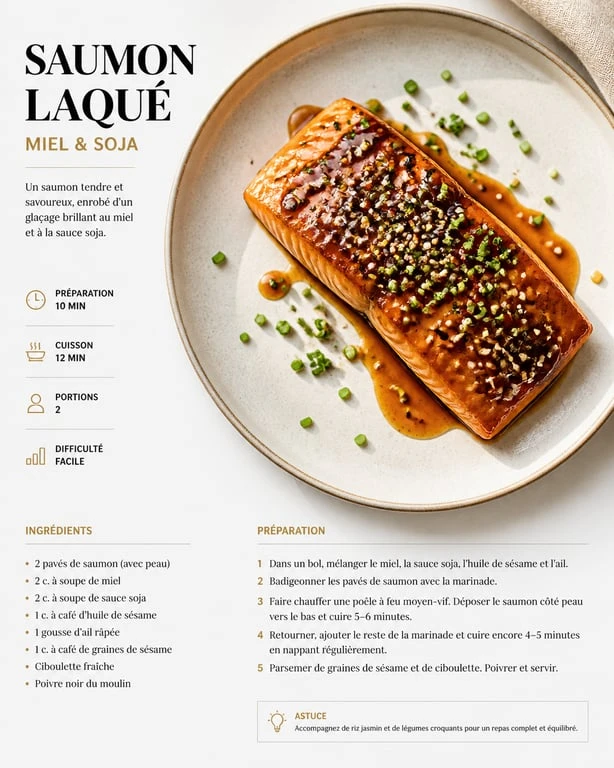 Pavé de saumon laqué au miel et soja, un assaisonnement pour saumon savoureux et facile à préparer.
