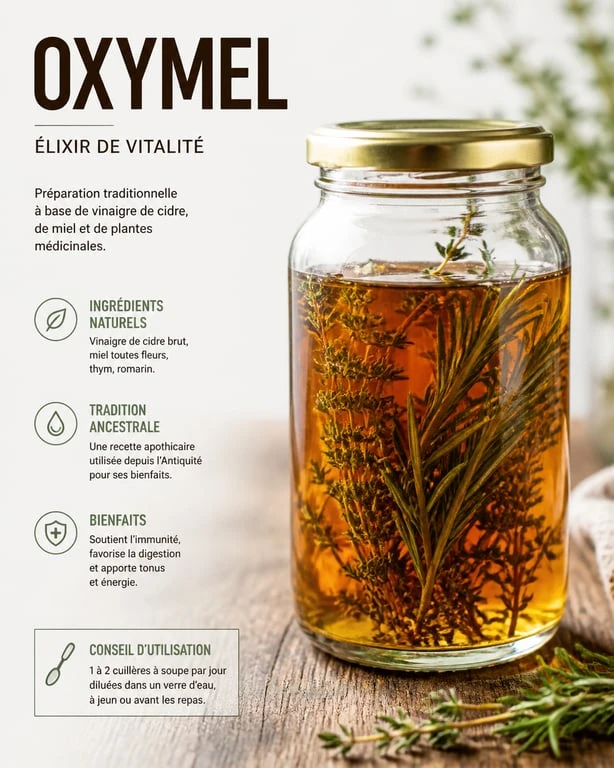 Bocal en verre contenant une recette d'oxymel maison aux herbes aromatiques