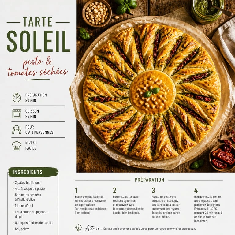 Tarte soleil au pesto et tomates séchées, recette avec de la pâte feuilletée
