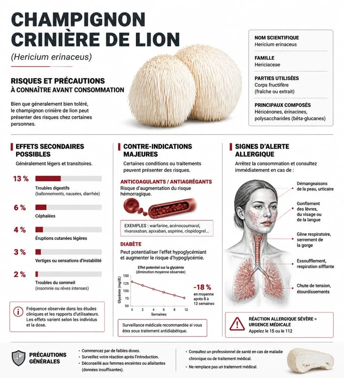 Infographie des risques et précautions pour la consommation de champignon crinière de lion