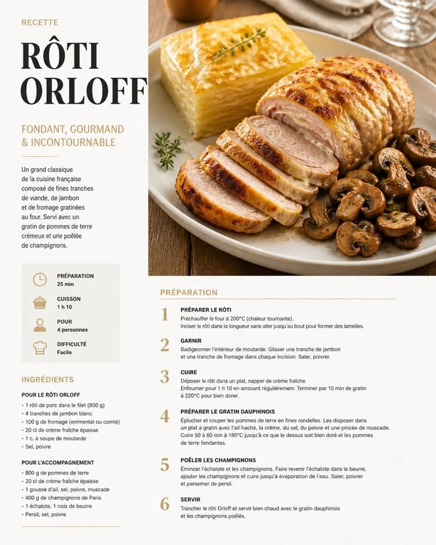 Rôti Orloff accompagné d'un gratin de pommes de terre et champignons