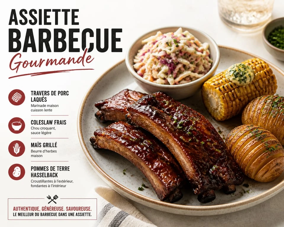 Assiette de ribs au barbecue avec ses accompagnements variés : coleslaw, maïs grillé et pommes de terre