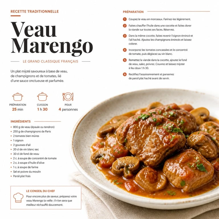 Veau Marengo traditionnel avec sauce onctueuse et champignons, prêt à déguster