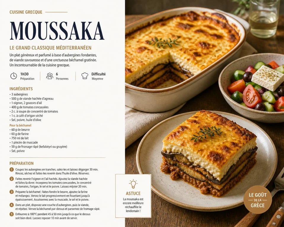 Moussaka traditionnelle et salade grecque comme accompagnement moussaka