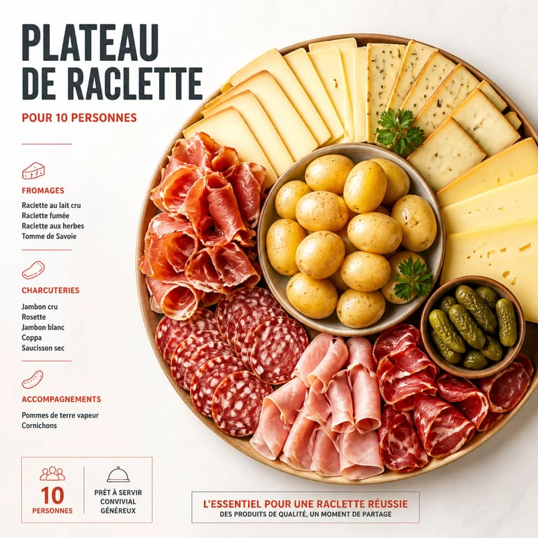 Plateau de raclette complet pour 10 personnes avec fromage, charcuterie et pommes de terre