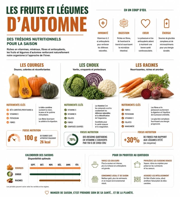 Infographie des bienfaits nutritionnels des fruits et légumes d'automne pour la santé