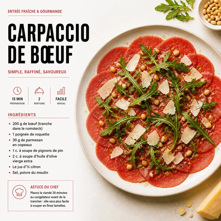 Carpaccio de bœuf avec accompagnement de roquette et parmesan