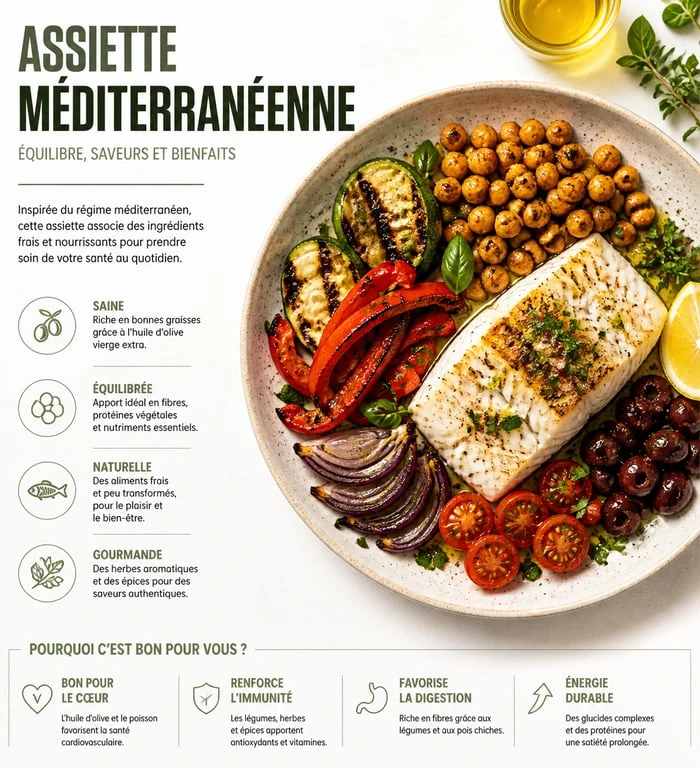 Menu type régime méditerranéen avec assiette équilibrée de légumes et poisson
