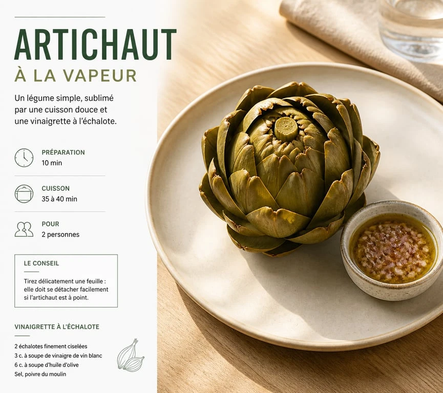 Artichaut vapeur avec vinaigrette à l'échalote, idéal comme accompagnement artichaut raffiné