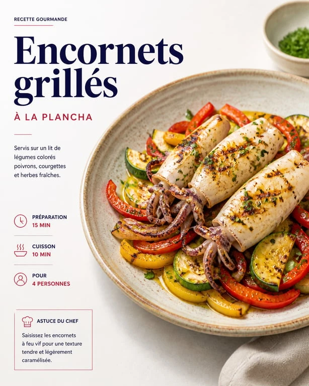 Assiette d'encornets grillés à la plancha avec légumes de saison comme accompagnement pour encornets