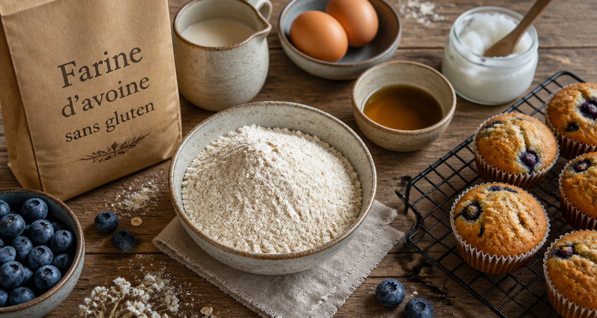 farine d avoine sans gluten en bol, muffins et ingrédients
