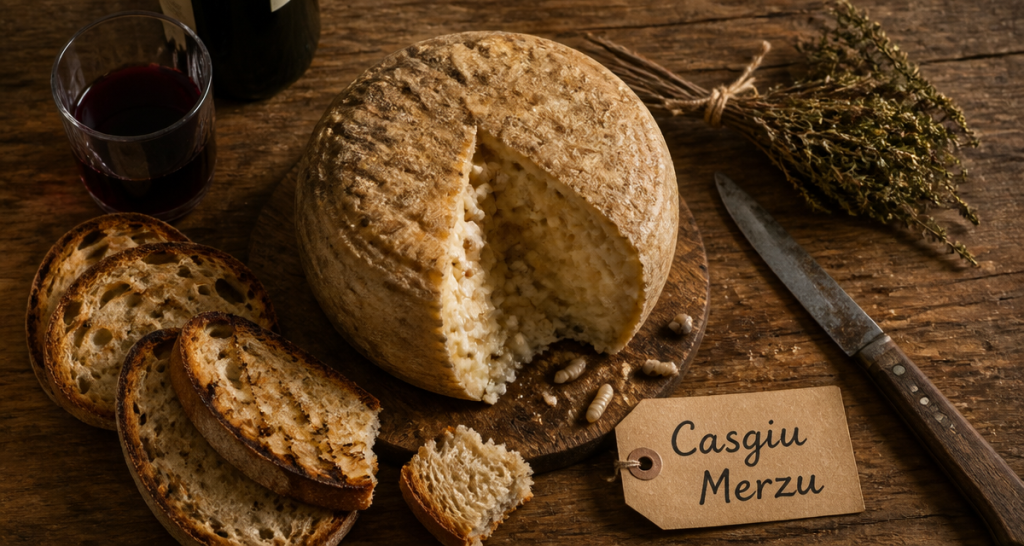 fromages corses avec vers sur table rustique