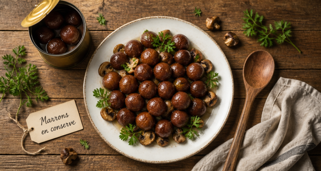 marron en conserve sur assiette blanche